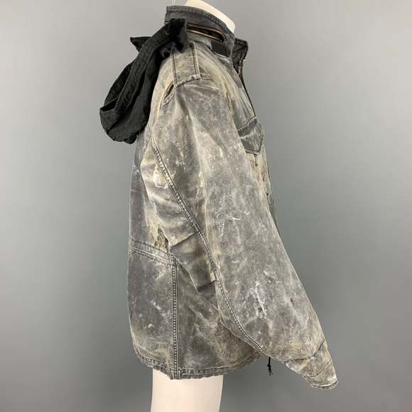 R13 Gray Distressed Cotton Destroyed Military Hooded Jacket - Picture 3 of 7